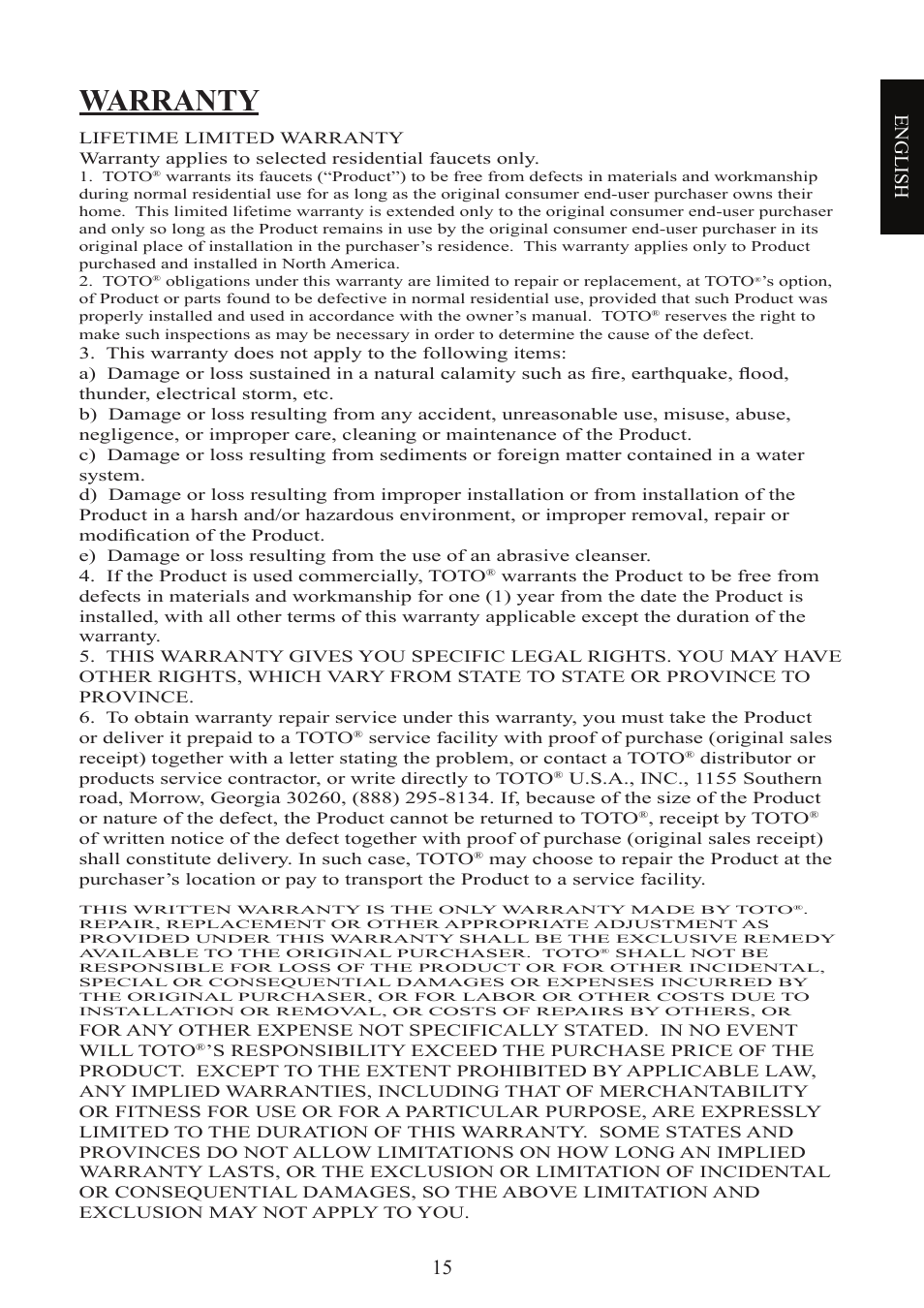 Warranty, English | Factory Direct Hardware Toto TL680SDL#CP User Manual | Page 15 / 44