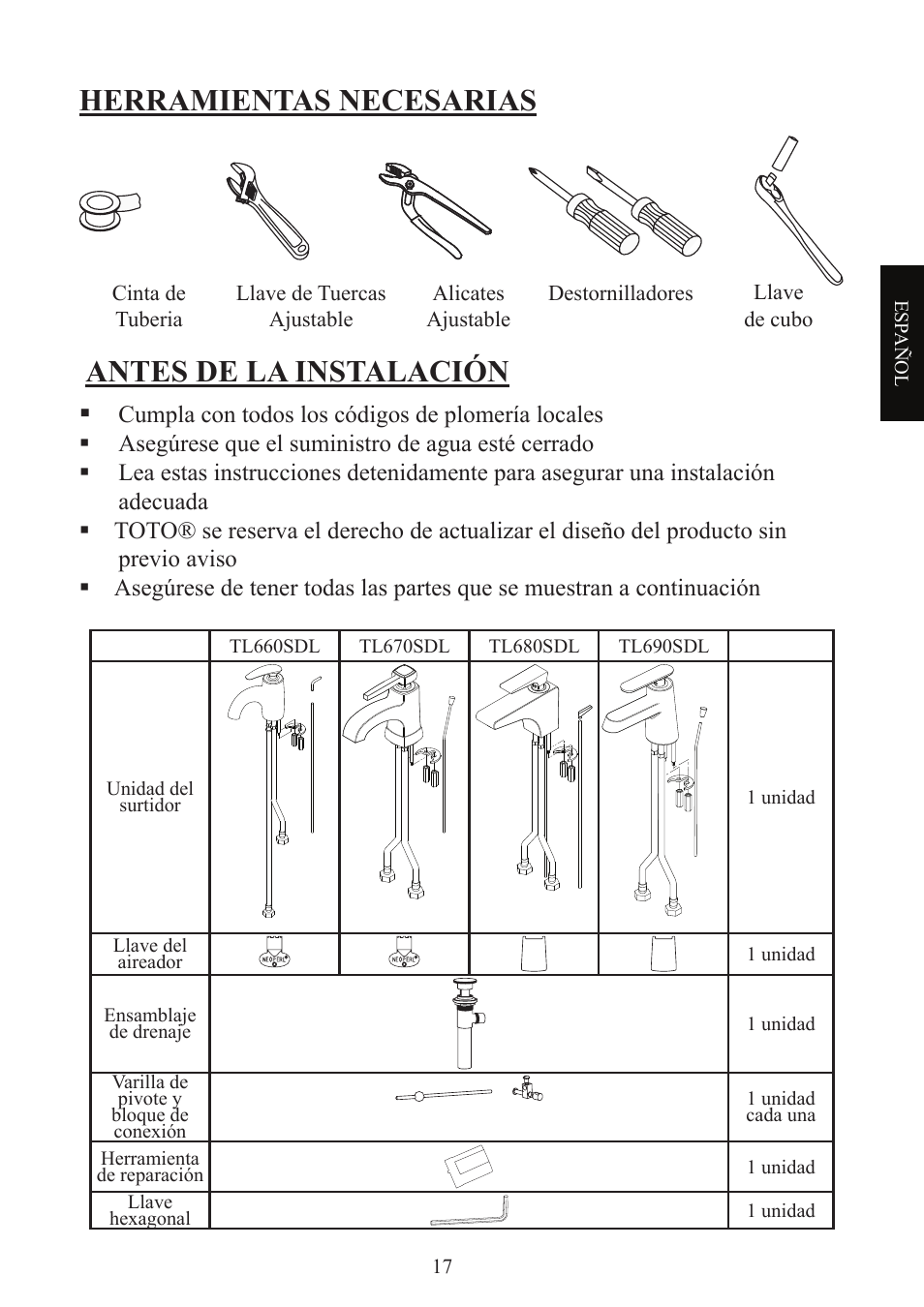 Antes de la instalación, Herramientas necesarias | Factory Direct Hardware Toto TL680SDL#CP User Manual | Page 17 / 44