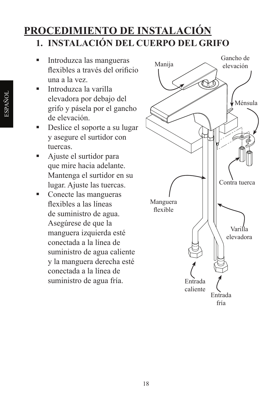 Procedimiento de instalación, Instalación del cuerpo del grifo | Factory Direct Hardware Toto TL680SDL#CP User Manual | Page 18 / 44