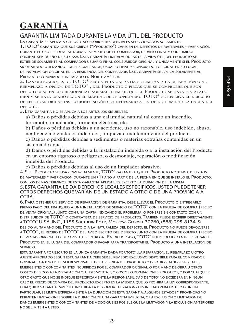Garantía, Esp añol | Factory Direct Hardware Toto TL680SDL#CP User Manual | Page 29 / 44