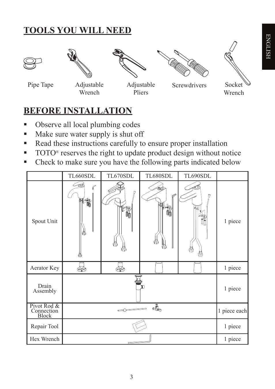 Tools you will need, Before installation | Factory Direct Hardware Toto TL680SDL#CP User Manual | Page 3 / 44