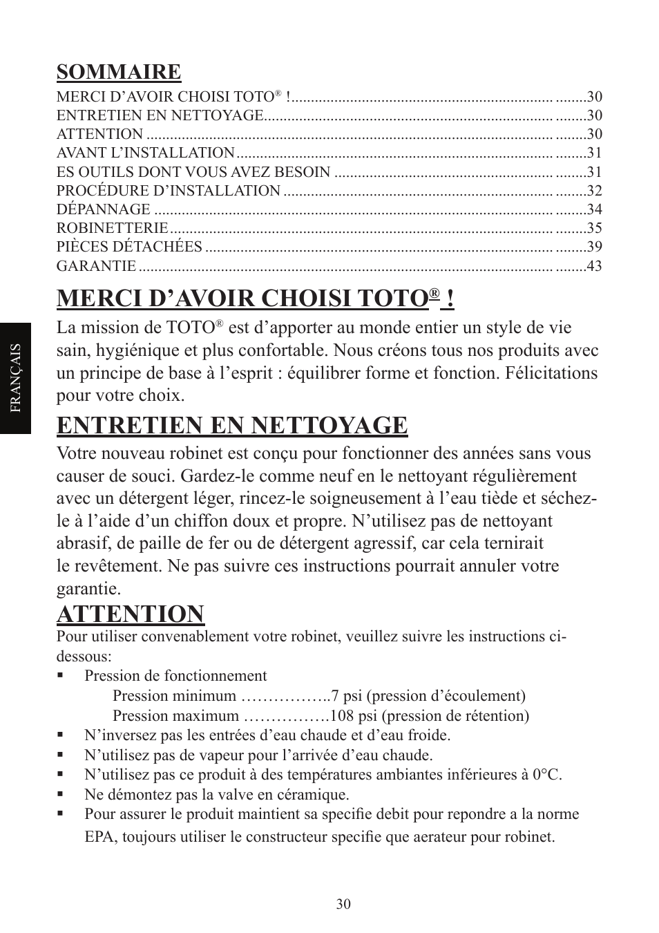 Merci d’avoir choisi toto, Entretien en nettoyage, Attention | Sommaire | Factory Direct Hardware Toto TL680SDL#CP User Manual | Page 30 / 44