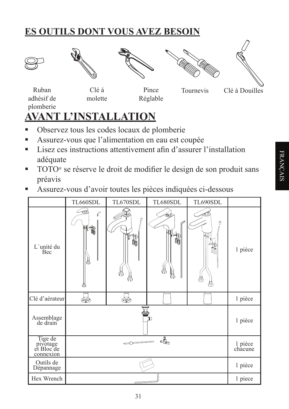 Avant l’installation, Es outils dont vous avez besoin | Factory Direct Hardware Toto TL680SDL#CP User Manual | Page 31 / 44