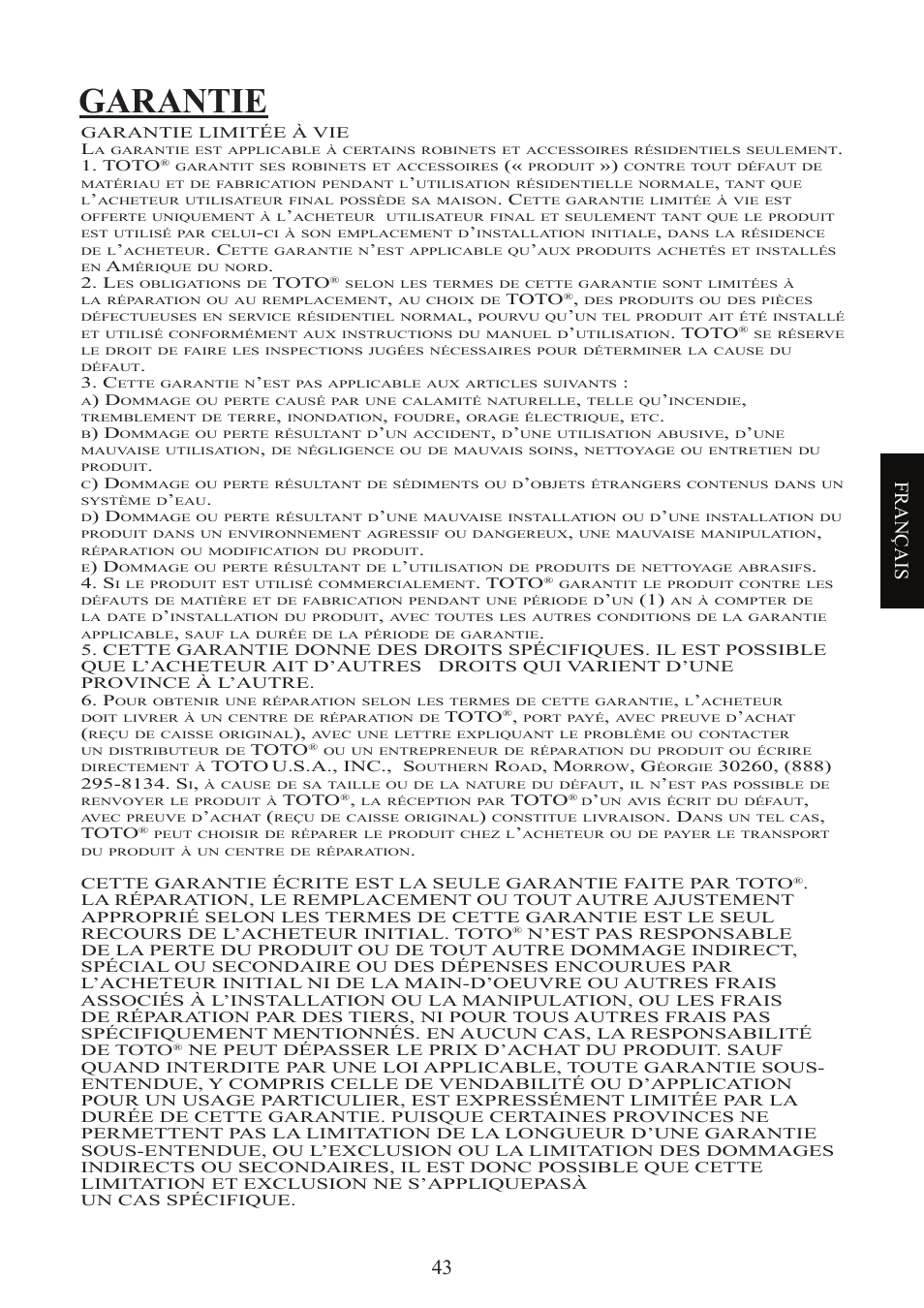 Garantie, Français | Factory Direct Hardware Toto TL680SDL#CP User Manual | Page 43 / 44