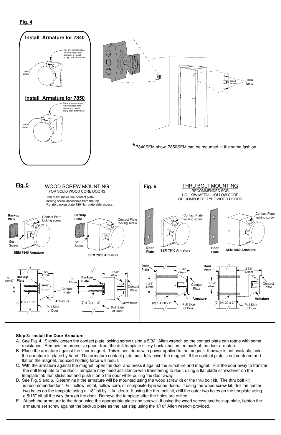 Wood screw mounting, Thru bolt mounting, Fig. 5 fig. 6 | Factory Direct Hardware LCN SEM7840 User Manual | Page 2 / 2