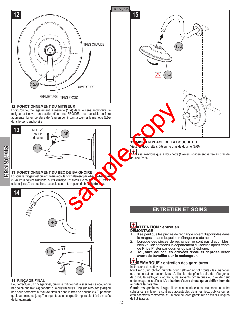 Sample copy, Fran ç ais | Factory Direct Hardware Pfister R89-7GL Saxton User Manual | Page 12 / 14