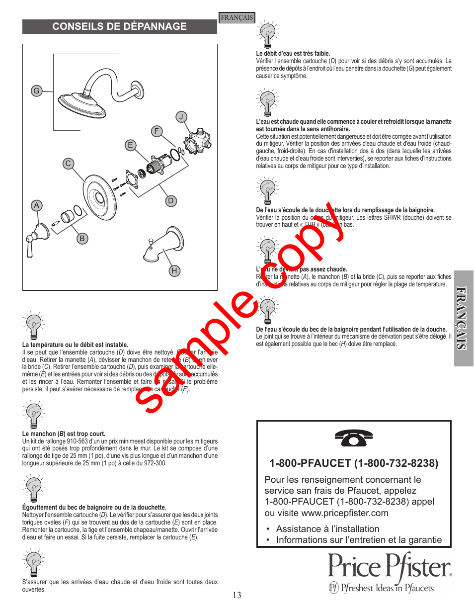 Sample copy, Fran ç ais | Factory Direct Hardware Pfister R89-7GL Saxton User Manual | Page 13 / 14