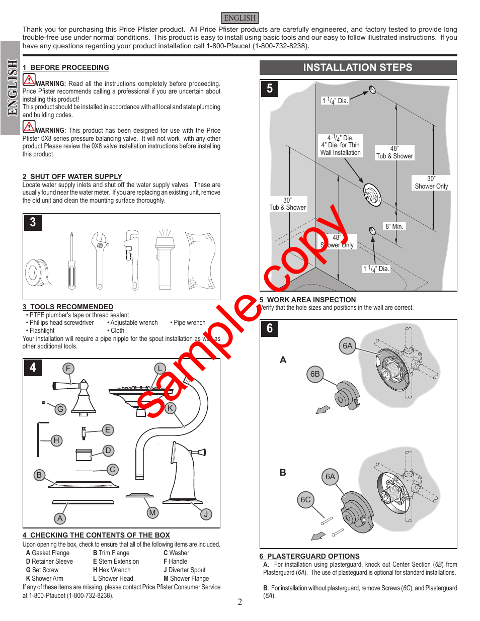 Sample copy, English, Installation steps | Factory Direct Hardware Pfister R89-7GL Saxton User Manual | Page 2 / 14