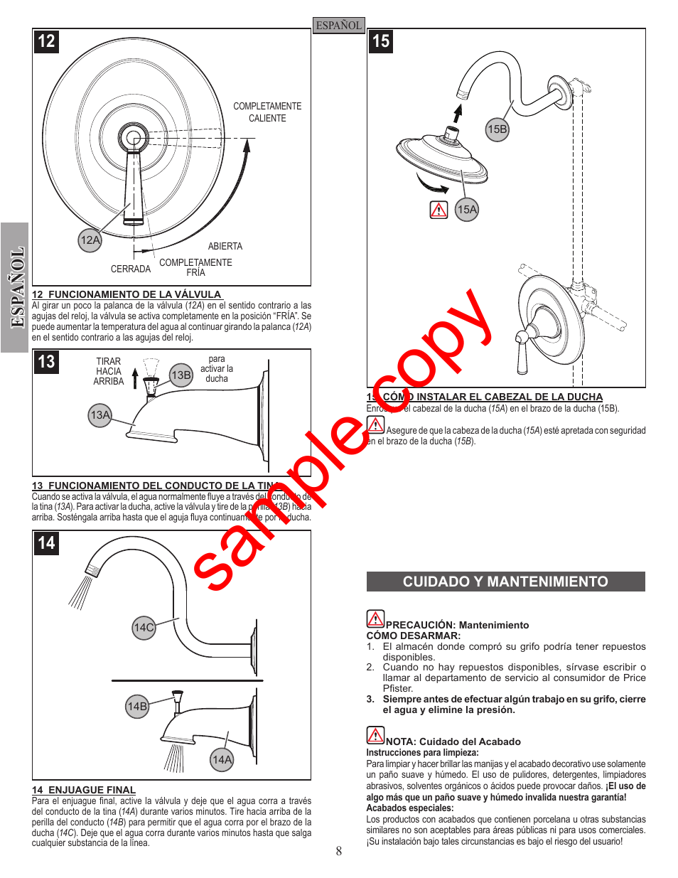 Sample copy, Esp a ñ ol | Factory Direct Hardware Pfister R89-7GL Saxton User Manual | Page 8 / 14