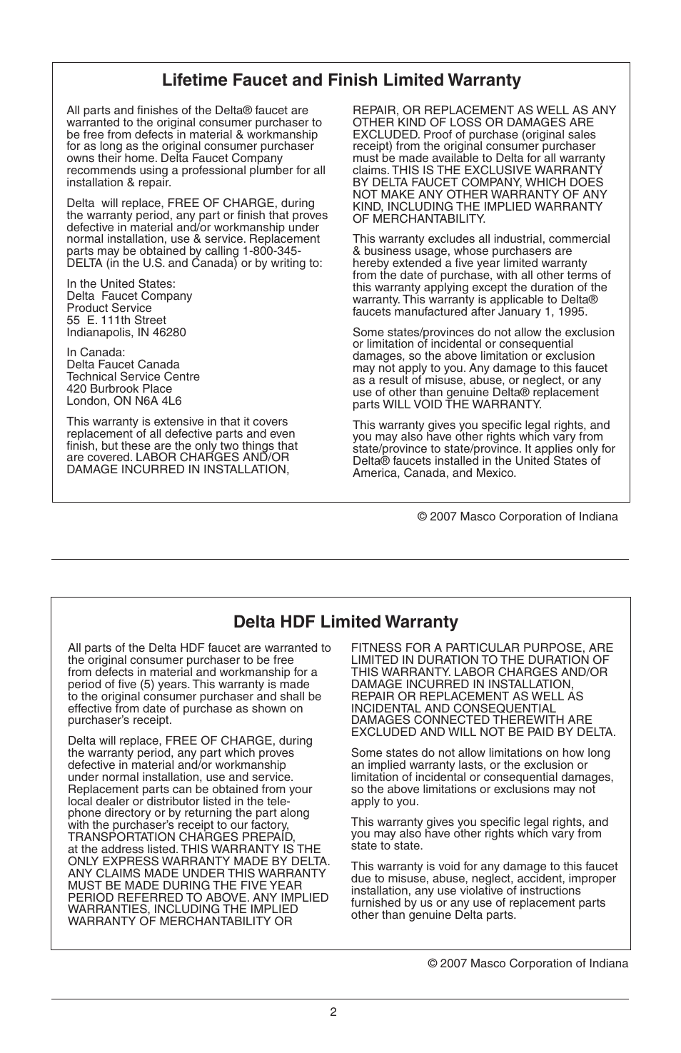 Lifetime faucet and finish limited warranty, Delta hdf limited warranty | Factory Direct Hardware Delta T14455LHP Victorian User Manual | Page 4 / 70