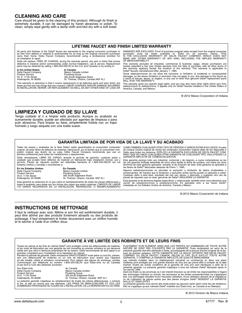 Cleaning and care, Instructions de nettoyage, Limpieza y cuidado de su llave | Lifetime faucet and finish limited warranty | Factory Direct Hardware Delta T4797-LHP Cassidy User Manual | Page 2 / 8