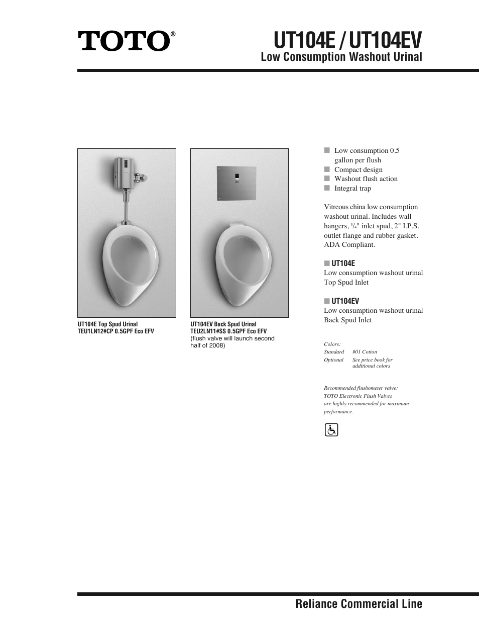 Factory Direct Hardware Toto UT104EV 0.5 GPF User Manual | 2 pages