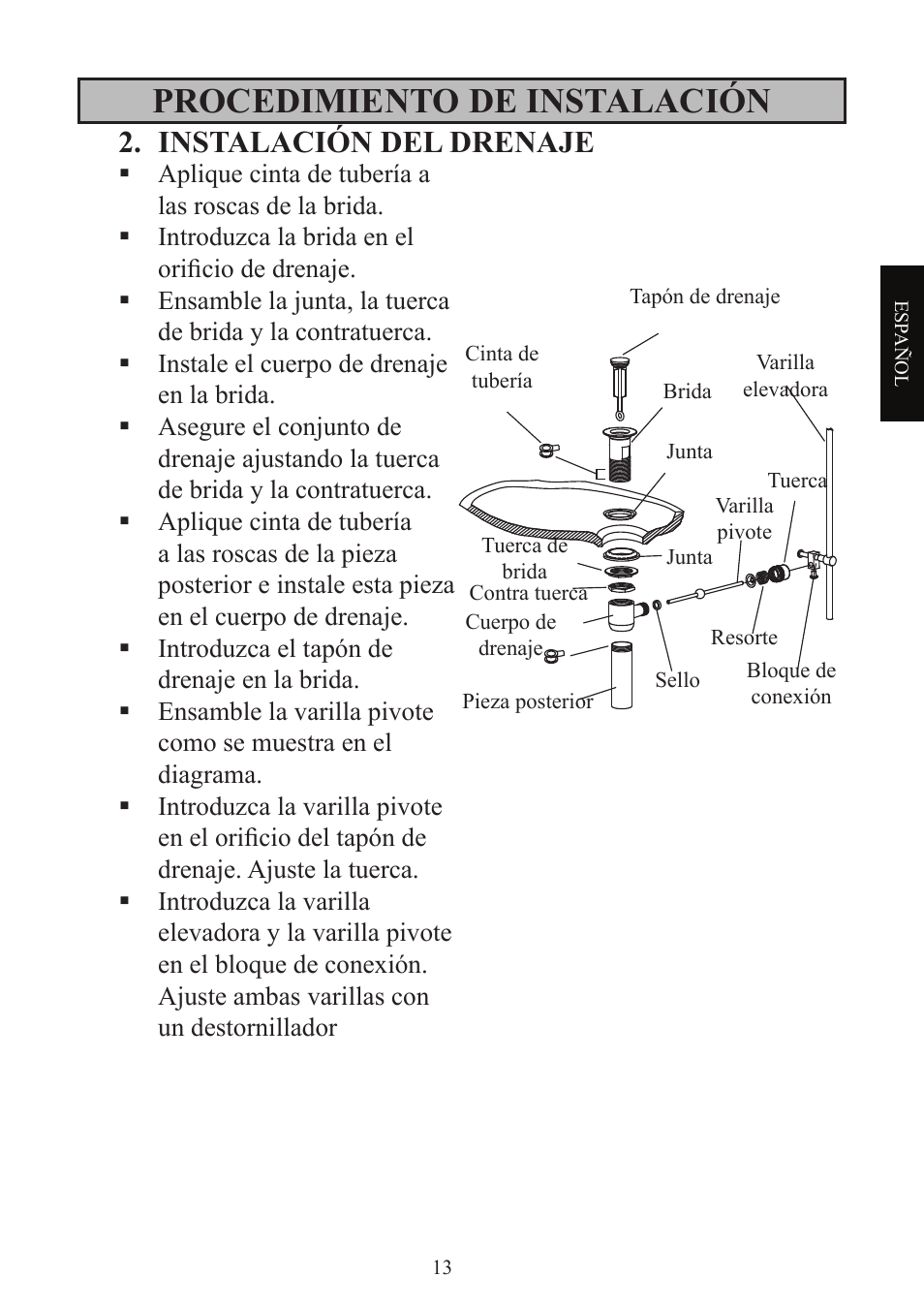 Procedimiento de instalación, Instalación del drenaje | Factory Direct Hardware Toto TL960SDLQ User Manual | Page 13 / 28