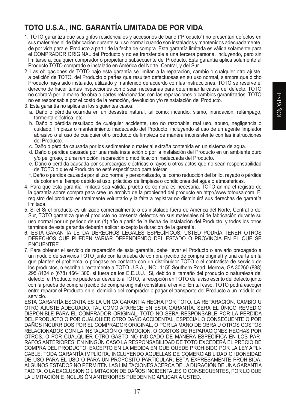 Toto u.s.a., inc. garantía limitada de por vida | Factory Direct Hardware Toto TL960SDLQ User Manual | Page 17 / 28