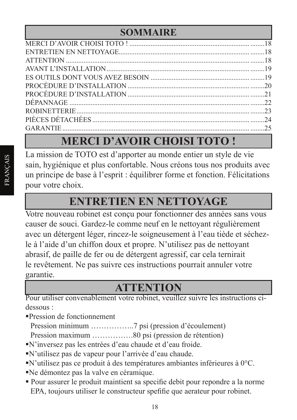Merci d’avoir choisi toto, Entretien en nettoyage, Attention | Sommaire | Factory Direct Hardware Toto TL960SDLQ User Manual | Page 18 / 28