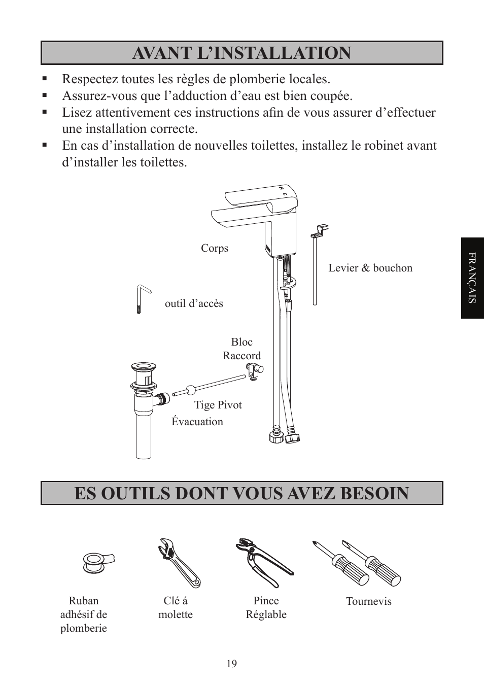 Avant l’installation, Es outils dont vous avez besoin | Factory Direct Hardware Toto TL960SDLQ User Manual | Page 19 / 28
