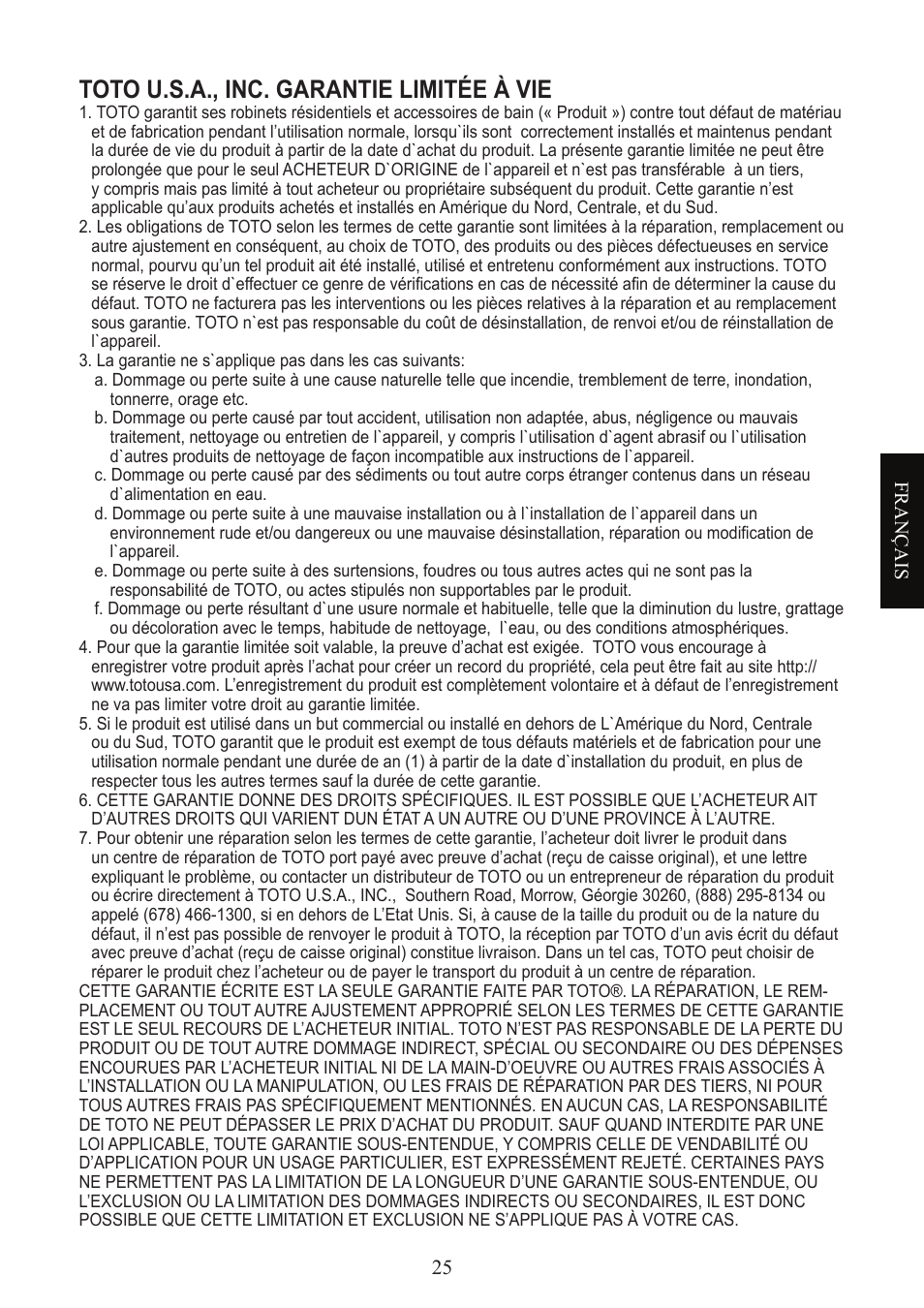 Toto u.s.a., inc. garantie limitée à vie | Factory Direct Hardware Toto TL960SDLQ User Manual | Page 25 / 28