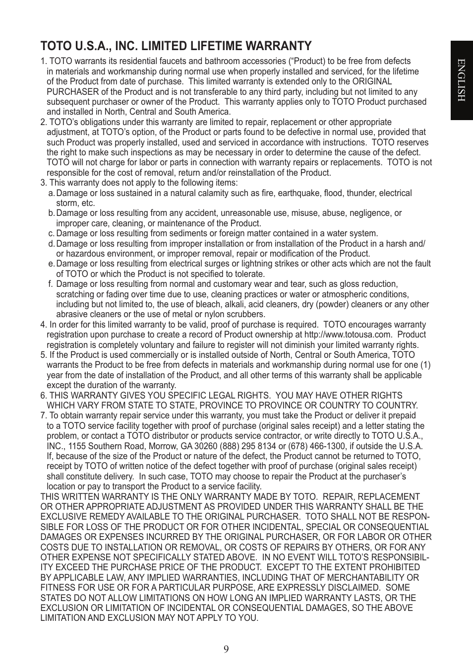 Toto u.s.a., inc. limited lifetime warranty | Factory Direct Hardware Toto TL960SDLQ User Manual | Page 9 / 28