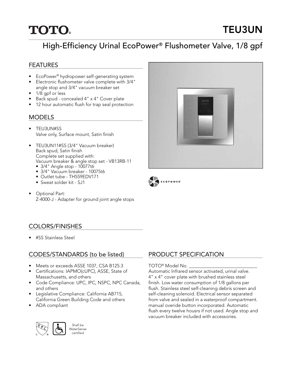 Factory Direct Hardware Toto TEU3UN11#SS EcoPower User Manual | 2 pages