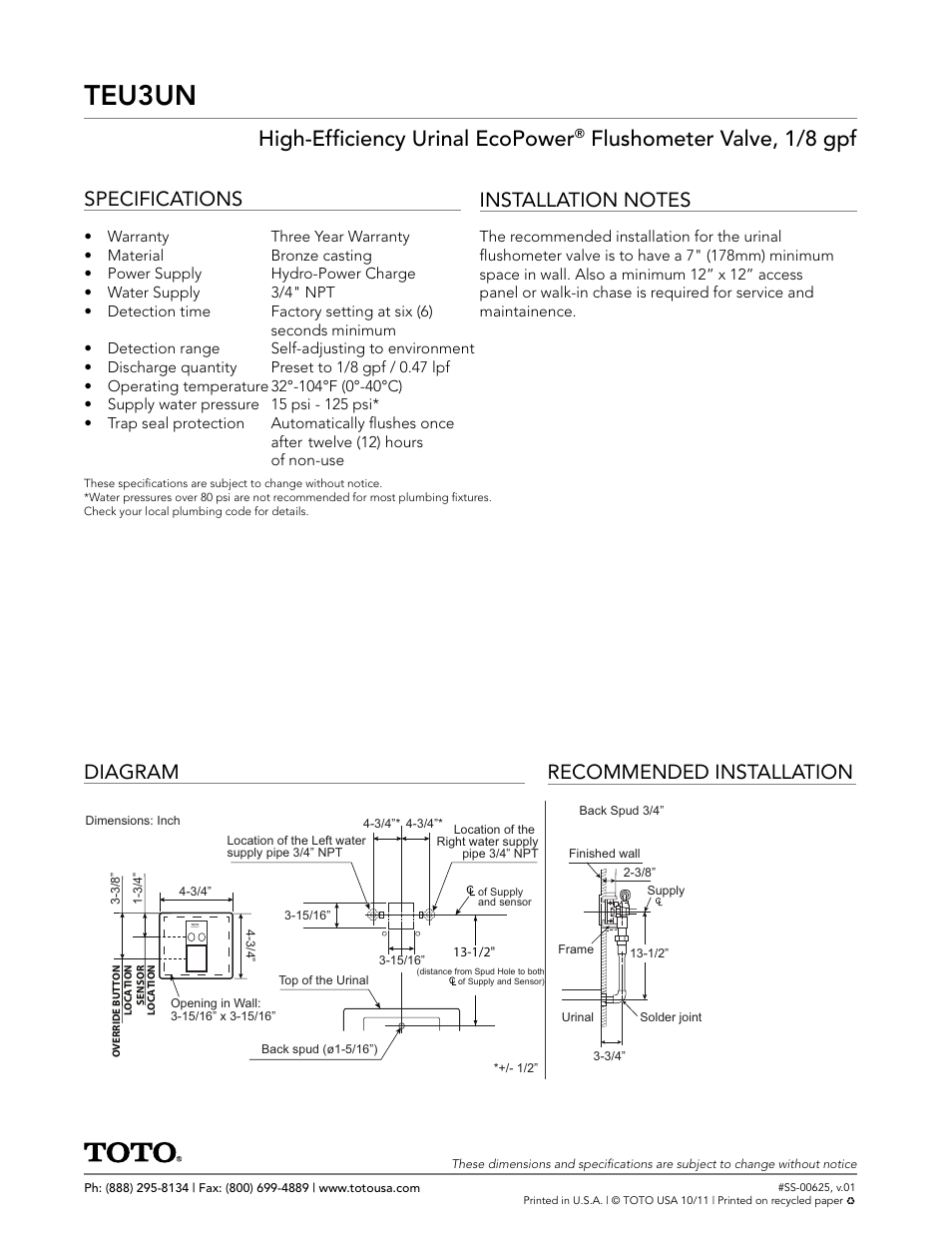 Teu3un, High-effi ciency urinal ecopower, Flushometer valve, 1/8 gpf | Specifications, Diagram recommended installation | Factory Direct Hardware Toto TEU3UN11#SS EcoPower User Manual | Page 2 / 2