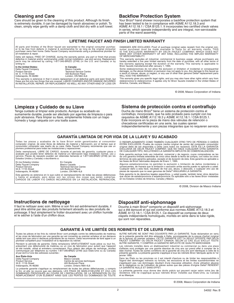 Cleaning and care, Instructions de nettoyage, Limpieza y cuidado de su llave | Backflow protection system, Sistema de protección contra el contraflujo, Dispositif anti-siphonnage, Lifetime faucet and finish limited warranty | Factory Direct Hardware Brizo T67438 Tresa User Manual | Page 2 / 8