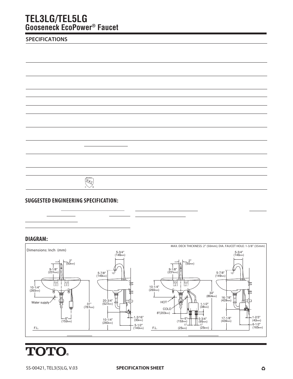 Tel3lg/tel5lg, Gooseneck ecopower, Faucet | Suggested engineering specification, Diagram, Specifications, 1/2" npsm, On feature: immediate off feature: 1 second delay, Thermal mixing faucet: cold water - 104°f (max), When used under standard conditions) | Factory Direct Hardware Toto TEL5LG10#CP User Manual | Page 2 / 2