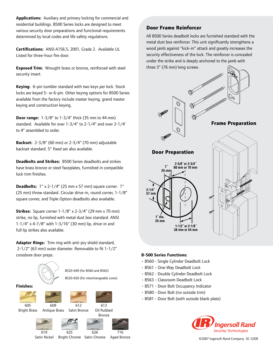 Se requiere para, Door frame reinforcer, Door preparation | Frame preparation | Factory Direct Hardware Schlage B562 User Manual | Page 2 / 2