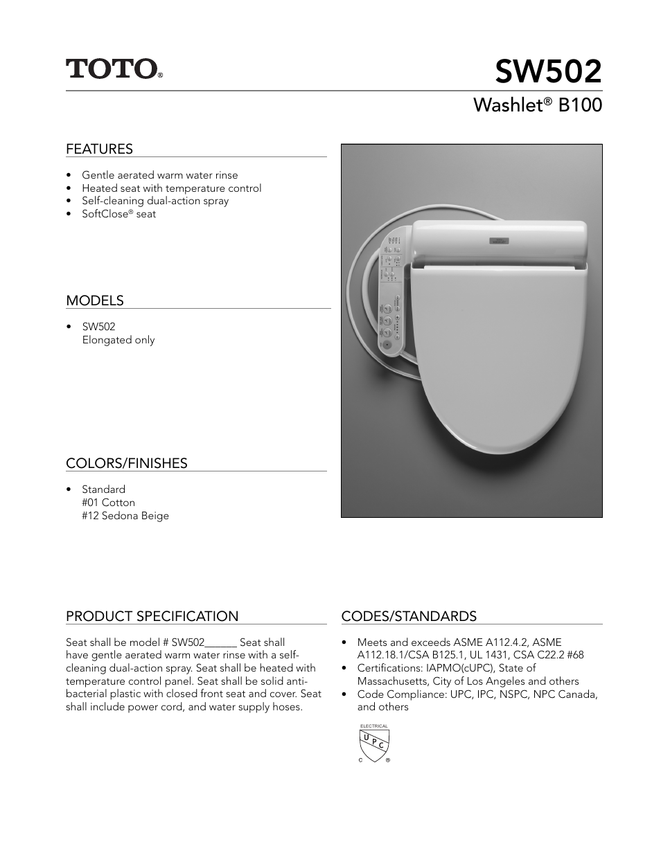 Factory Direct Hardware Toto SW502 Elongated User Manual | 2 pages