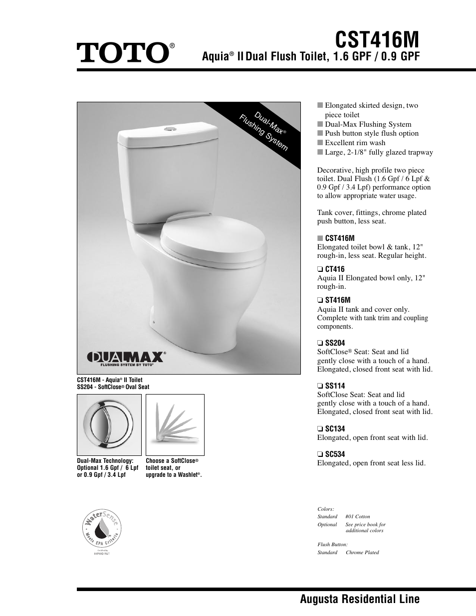 Factory Direct Hardware Toto ST416M Aquia II User Manual | 2 pages