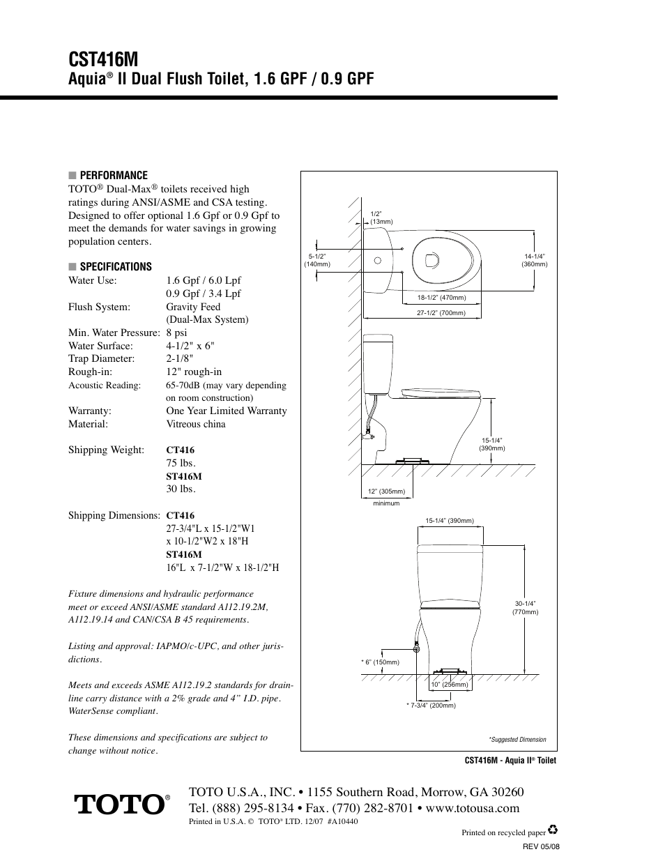 Cst416m, Aquia, Ii dual flush toilet, 1.6 gpf / 0.9 gpf | Factory Direct Hardware Toto ST416M Aquia II User Manual | Page 2 / 2