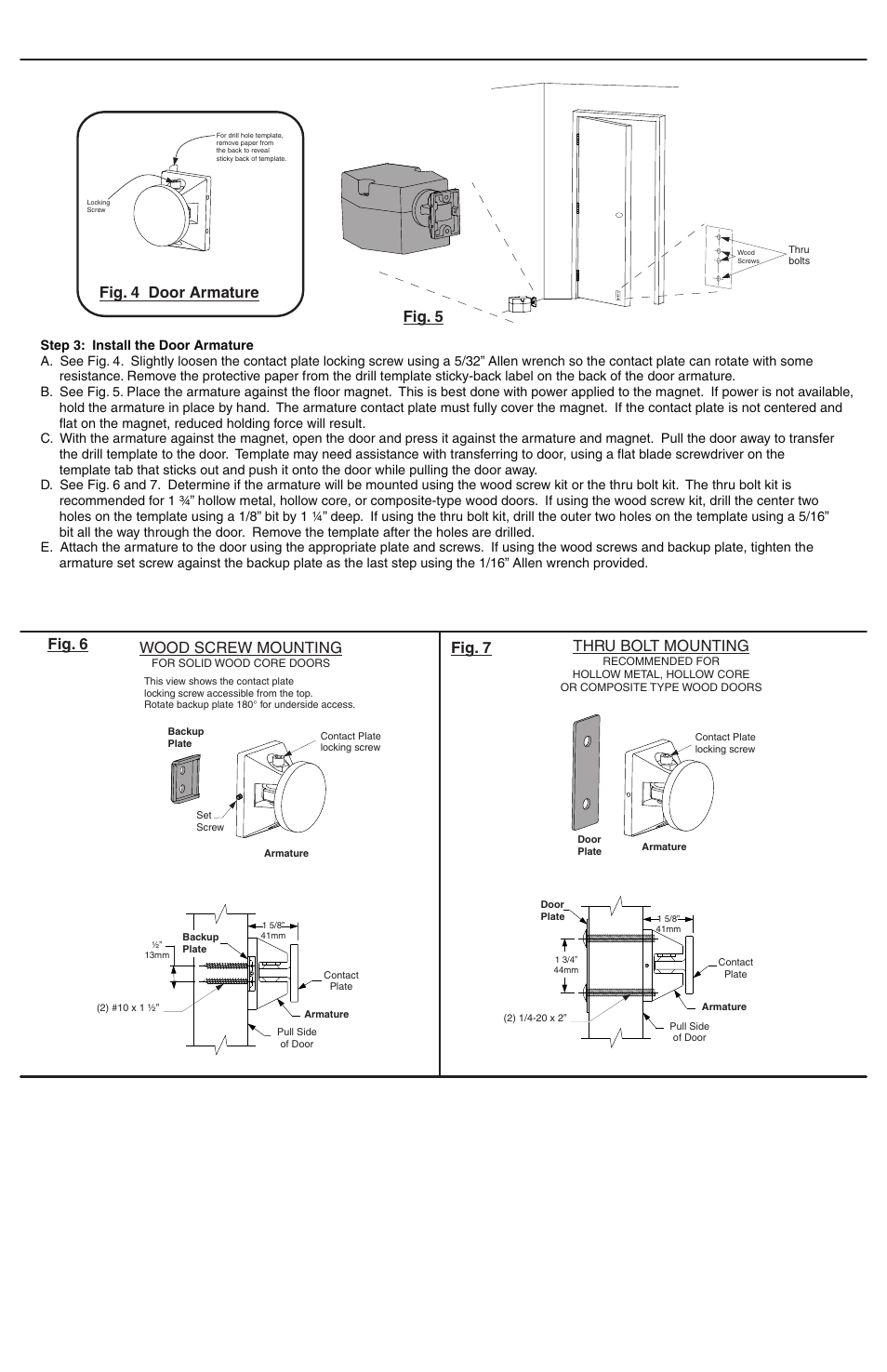 Wood screw mounting, Thru bolt mounting, Fig. 6 fig. 7 fig. 4 door armature fig. 5 | Factory Direct Hardware LCN SEM7820 User Manual | Page 2 / 2