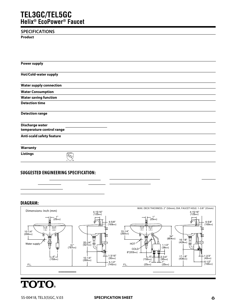 Tel3gc/tel5gc, Helix, Ecopower | Faucet, Suggested engineering specification, Diagram, Specifications | Factory Direct Hardware Toto TEL5GC10#CP User Manual | Page 2 / 2