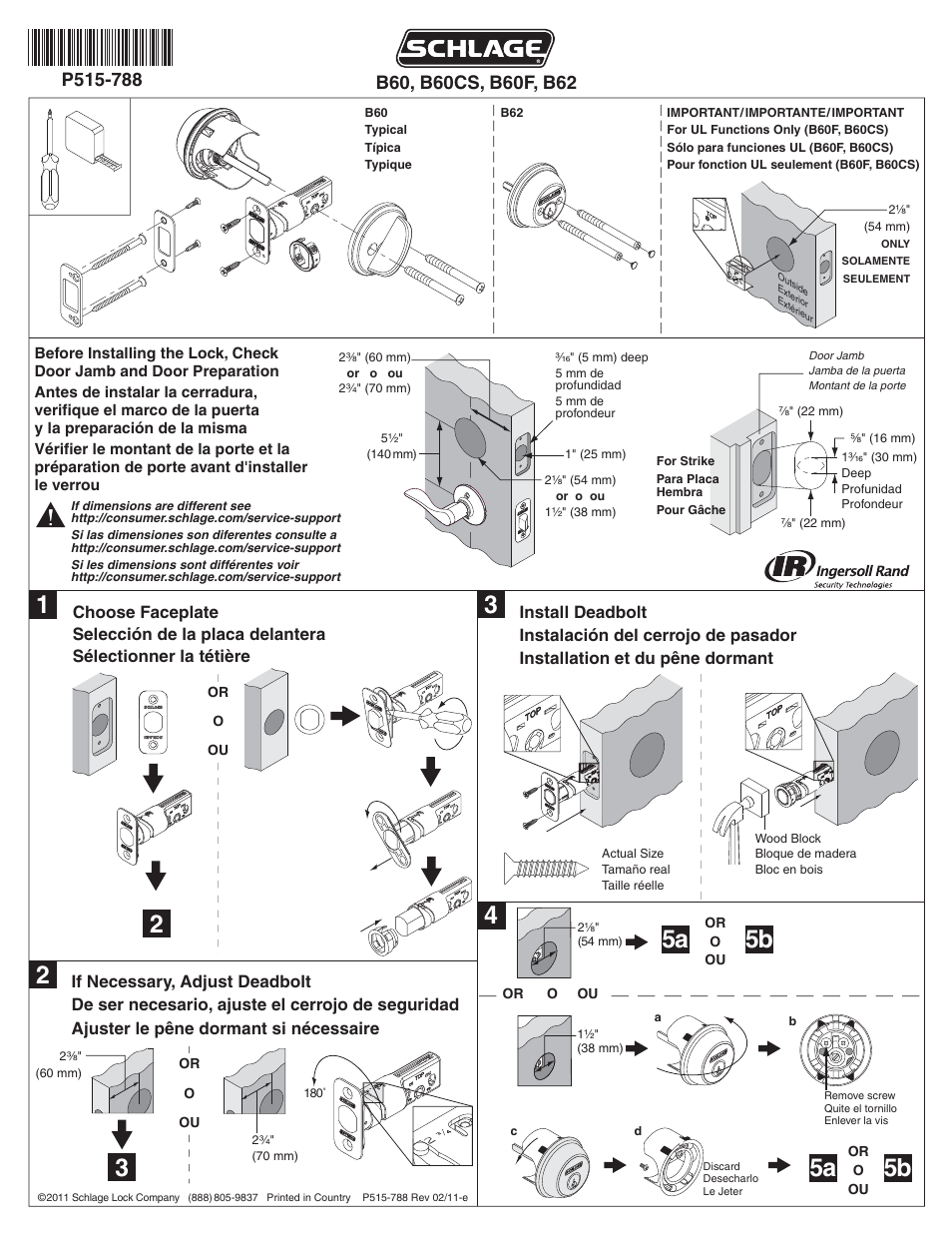 Schlage B60_B60F_B62 Installation User Manual | 2 pages