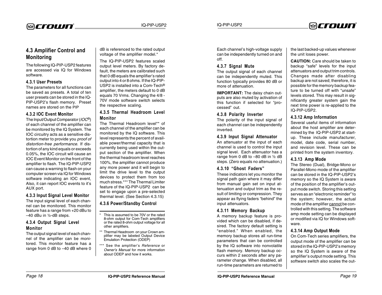 3 amplifier control and monitoring | Crown Audio IQ-PIP-USP2 User Manual | Page 10 / 27