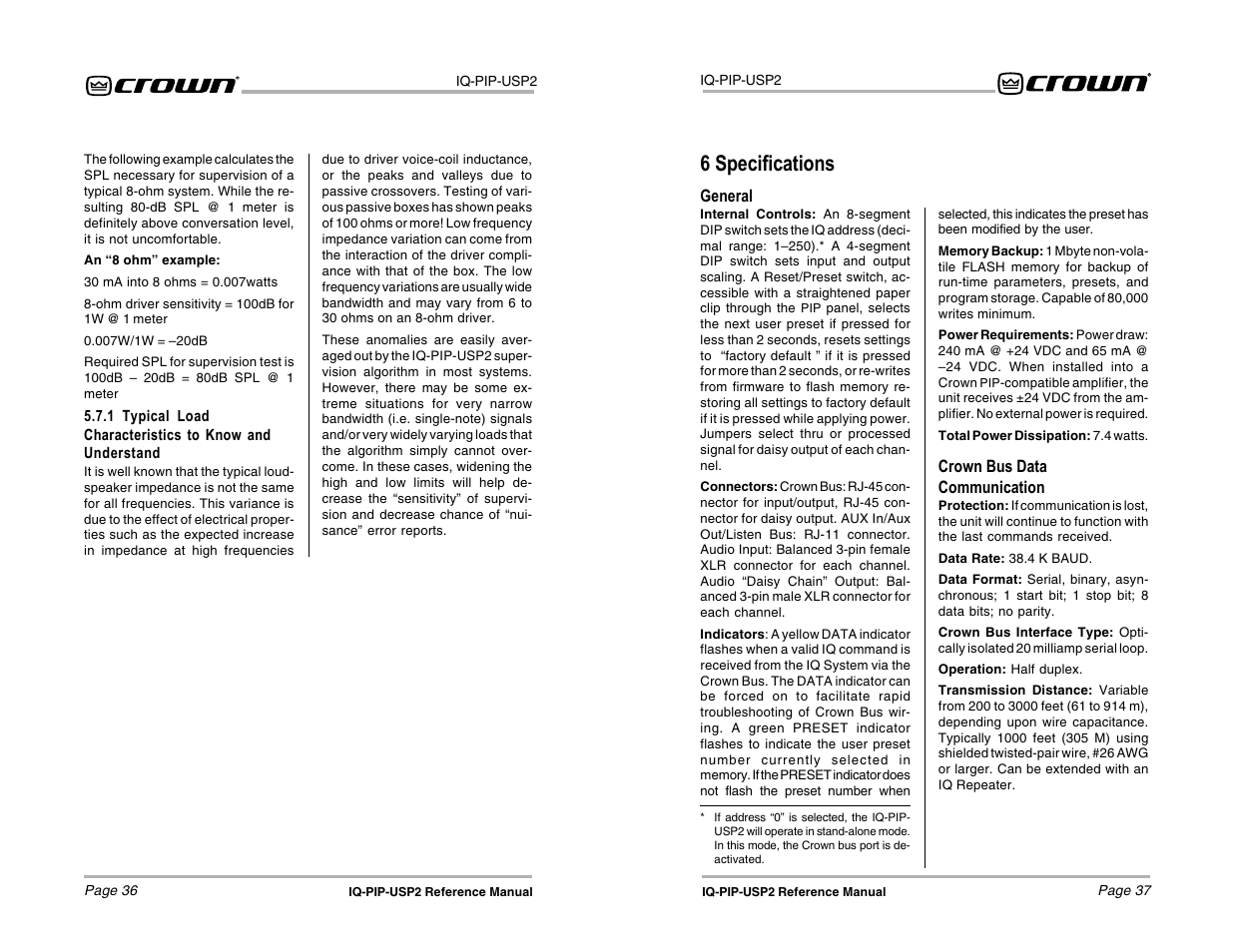 6 specifications | Crown Audio IQ-PIP-USP2 User Manual | Page 19 / 27
