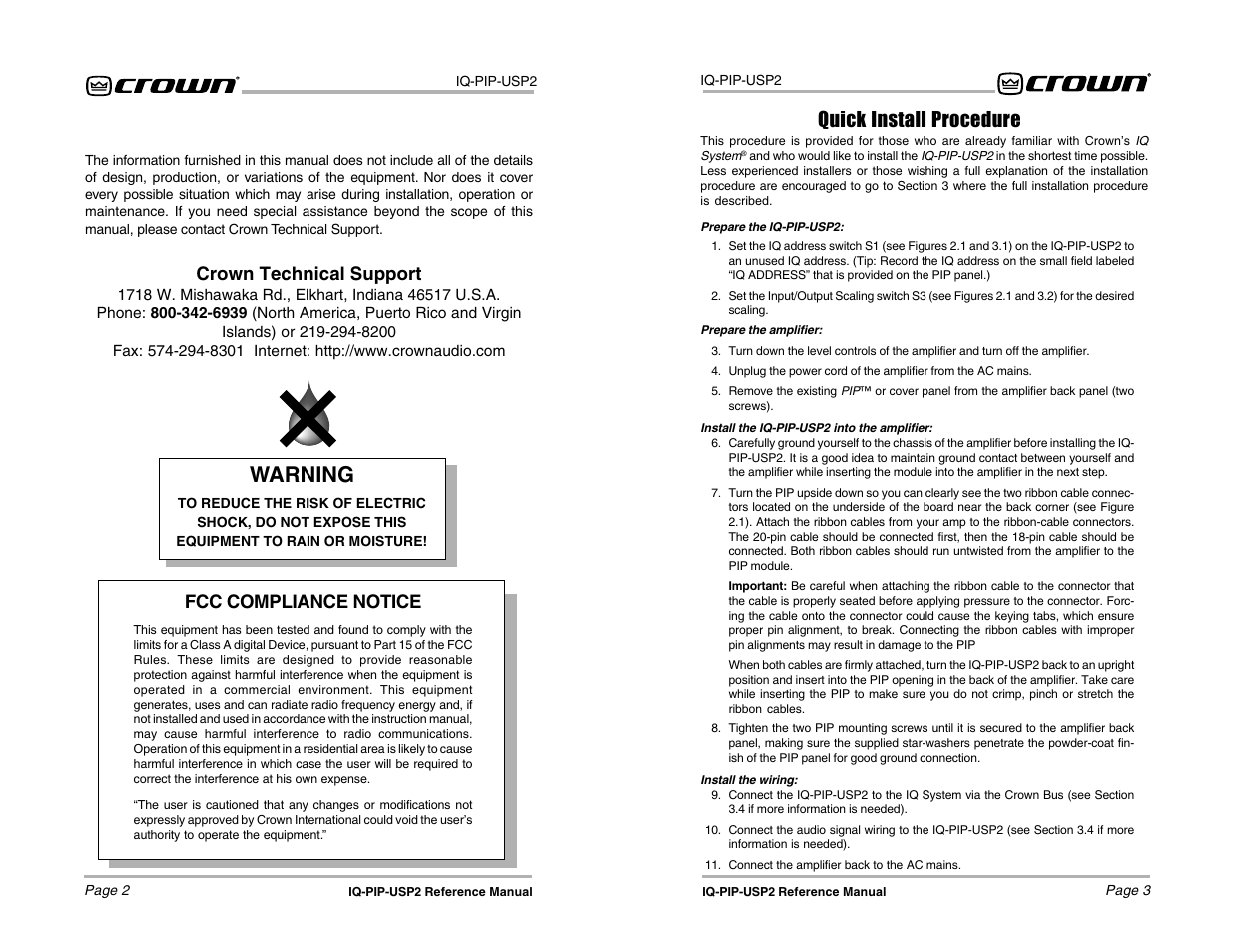 Warning, Quick install procedure, Crown technical support | Fcc compliance notice | Crown Audio IQ-PIP-USP2 User Manual | Page 2 / 27