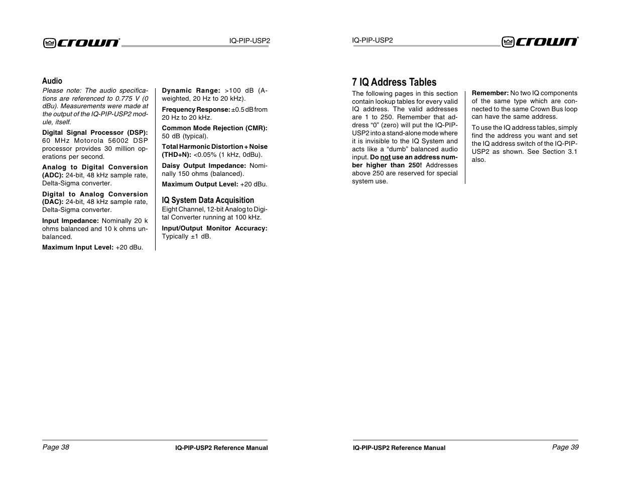 7 iq address tables | Crown Audio IQ-PIP-USP2 User Manual | Page 20 / 27