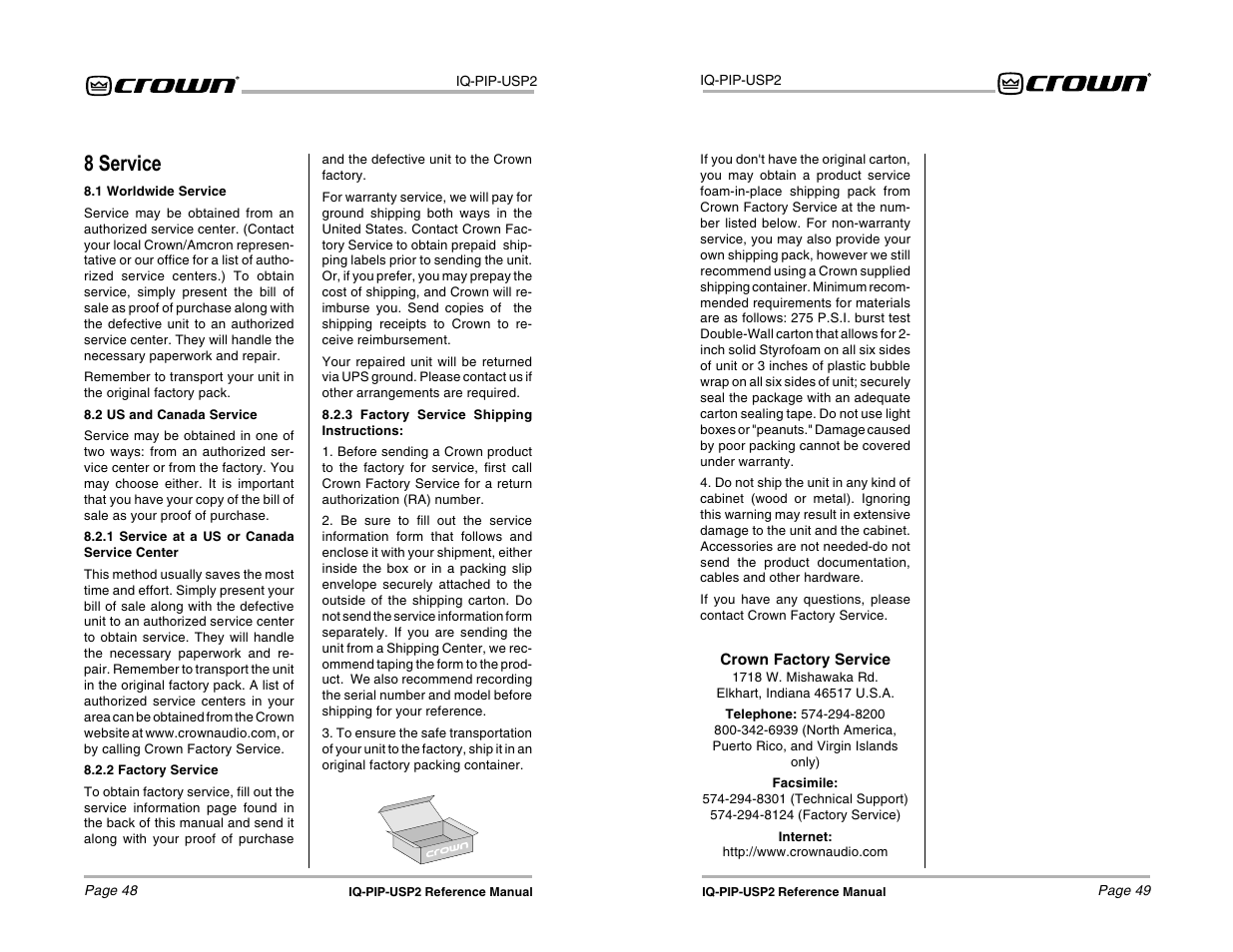 8 service | Crown Audio IQ-PIP-USP2 User Manual | Page 25 / 27