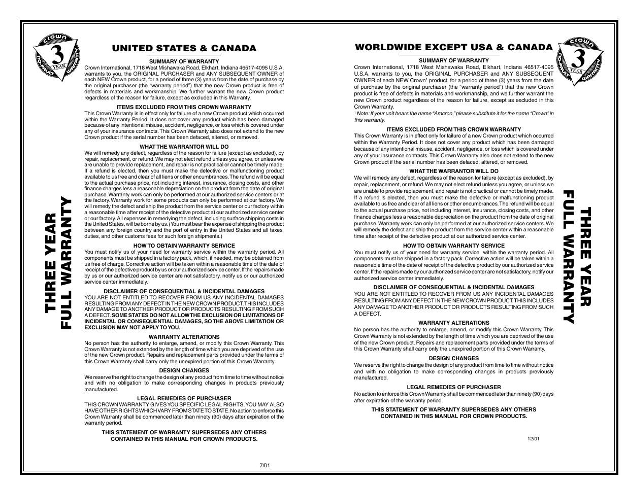 Three year full w arranty | Crown Audio IQ-PIP-USP2 User Manual | Page 26 / 27