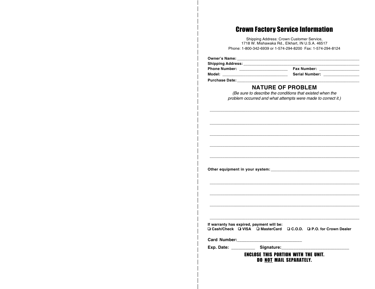 Crown factory service information, Nature of problem | Crown Audio IQ-PIP-USP2 User Manual | Page 27 / 27