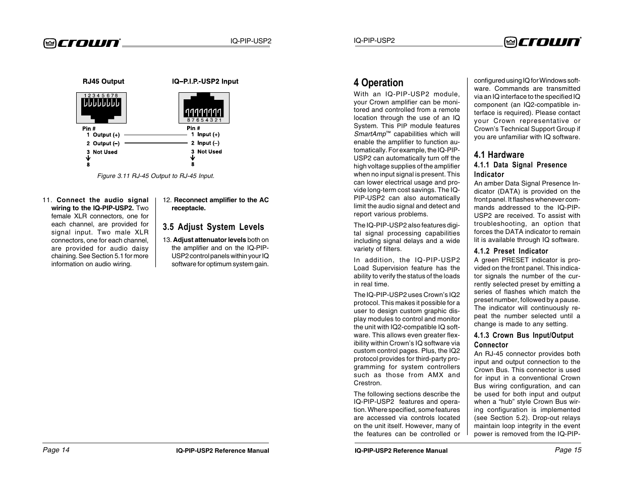 4 operation, 1 hardware, 5 adjust system levels | Crown Audio IQ-PIP-USP2 User Manual | Page 8 / 27