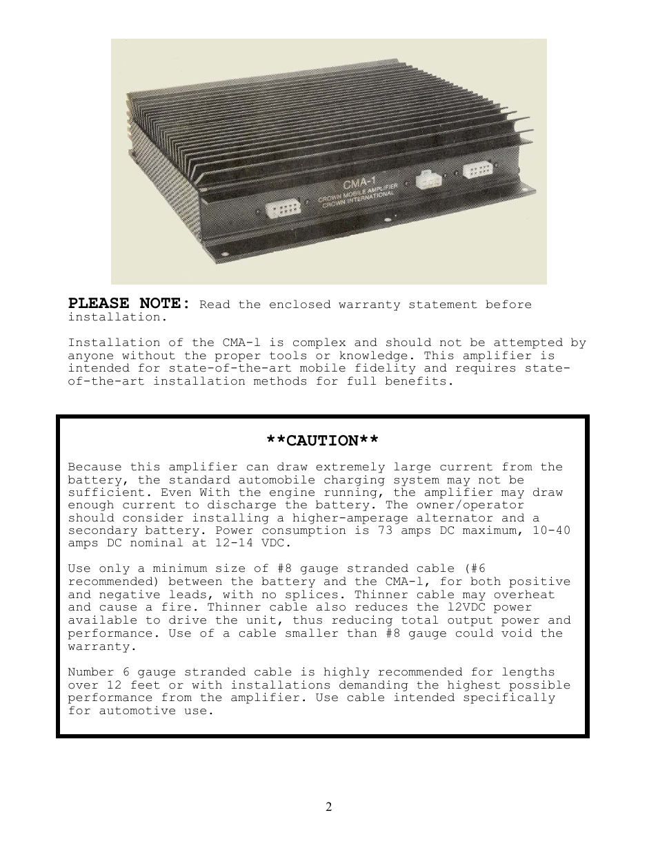 Caution | Crown Audio CMA-1 User Manual | Page 2 / 15