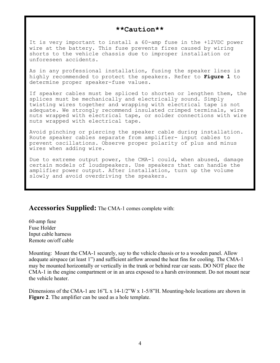 Accessories supplied, Caution | Crown Audio CMA-1 User Manual | Page 4 / 15