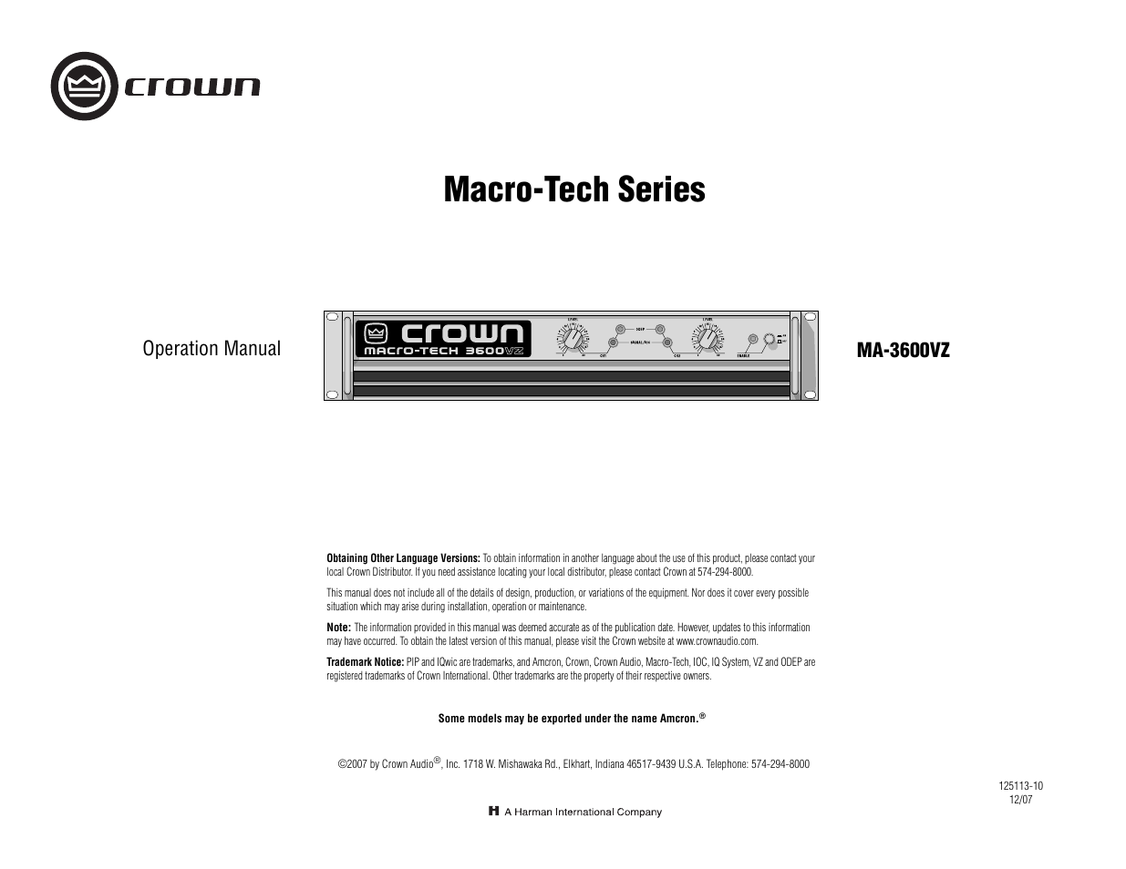 Crown Audio Macro-Tech MA3600VZ User Manual | 28 pages