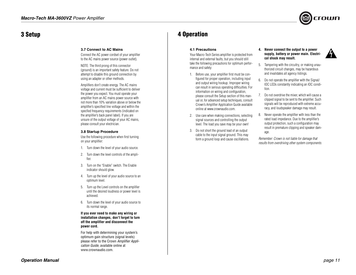 3 setup 4 operation | Crown Audio Macro-Tech MA3600VZ User Manual | Page 11 / 28