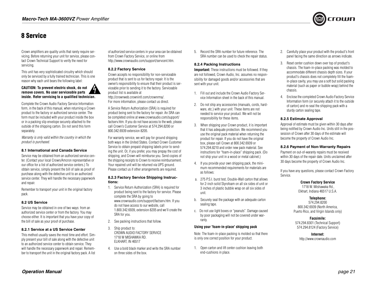 8 service | Crown Audio Macro-Tech MA3600VZ User Manual | Page 21 / 28