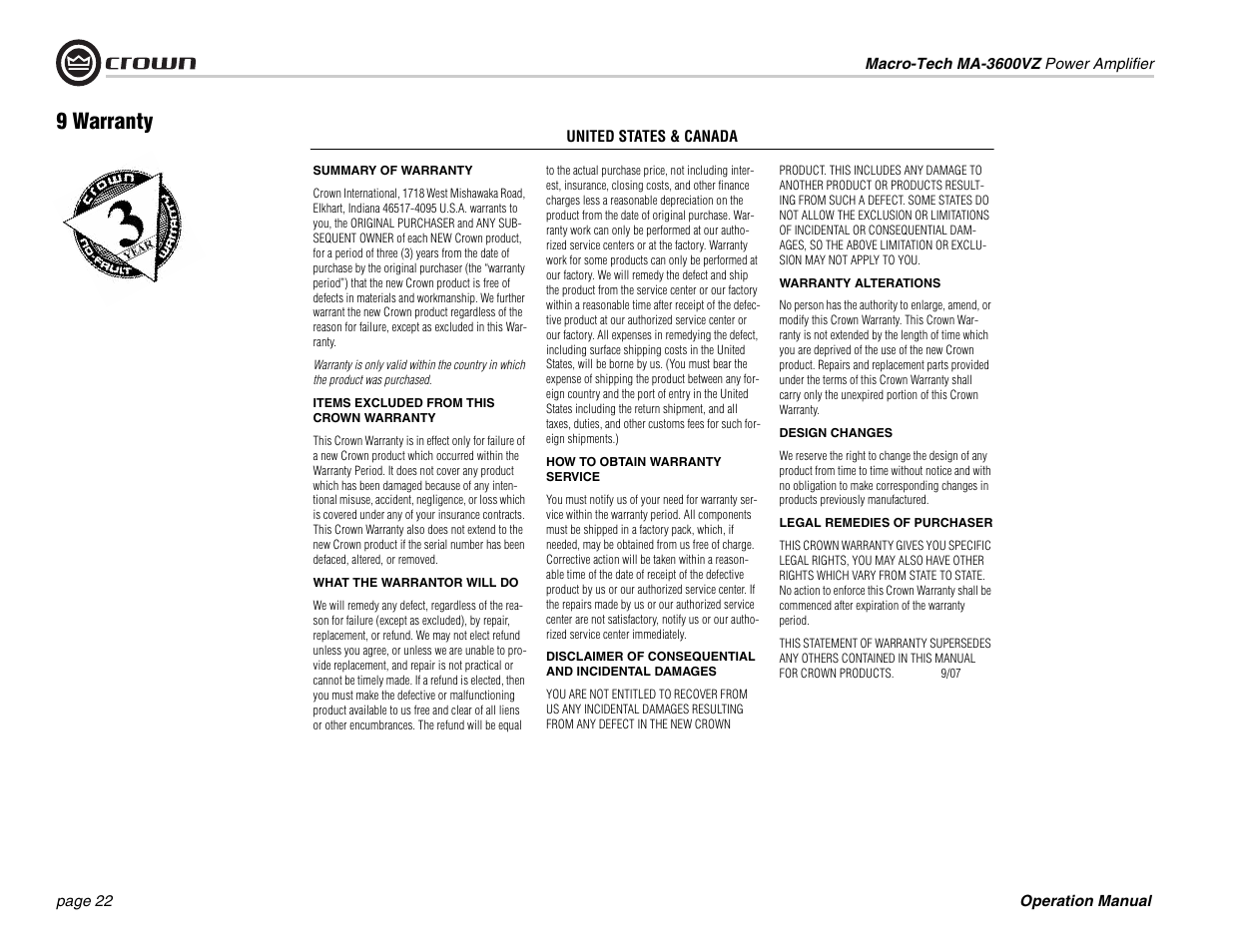 9 warranty | Crown Audio Macro-Tech MA3600VZ User Manual | Page 22 / 28