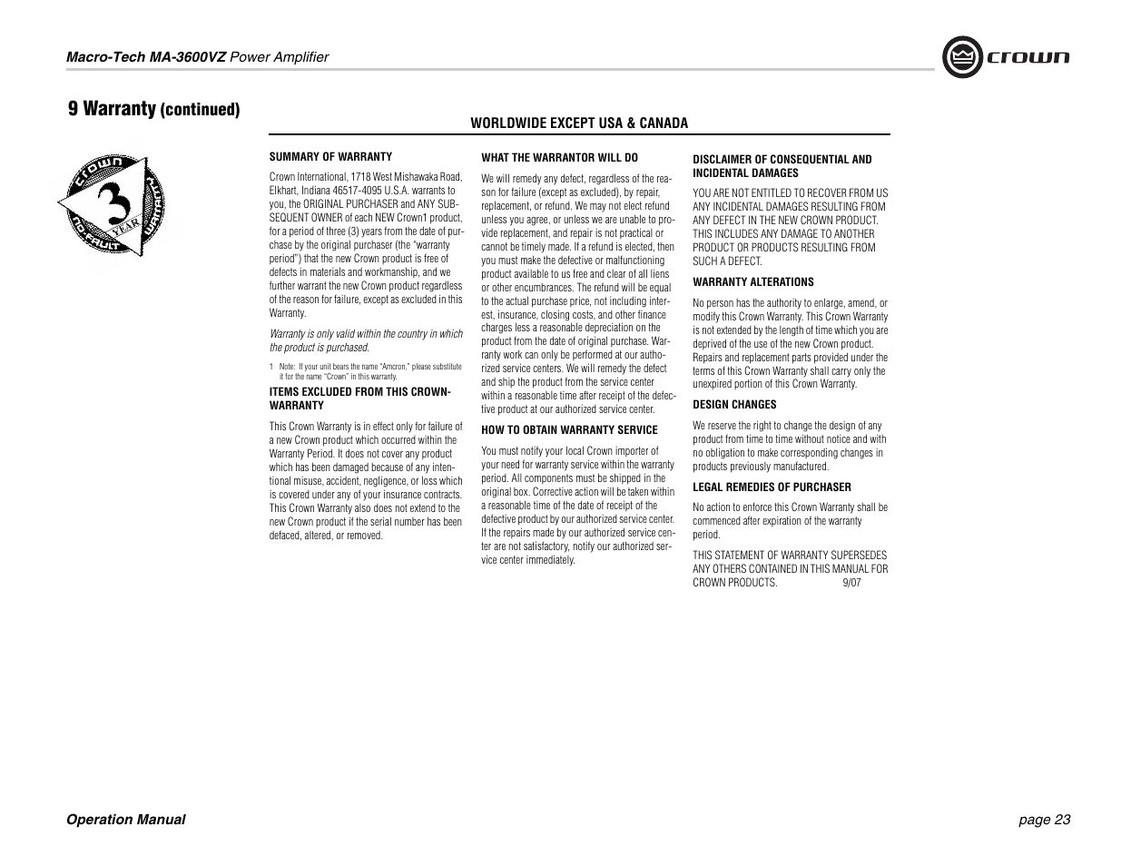 9 warranty, Continued) | Crown Audio Macro-Tech MA3600VZ User Manual | Page 23 / 28
