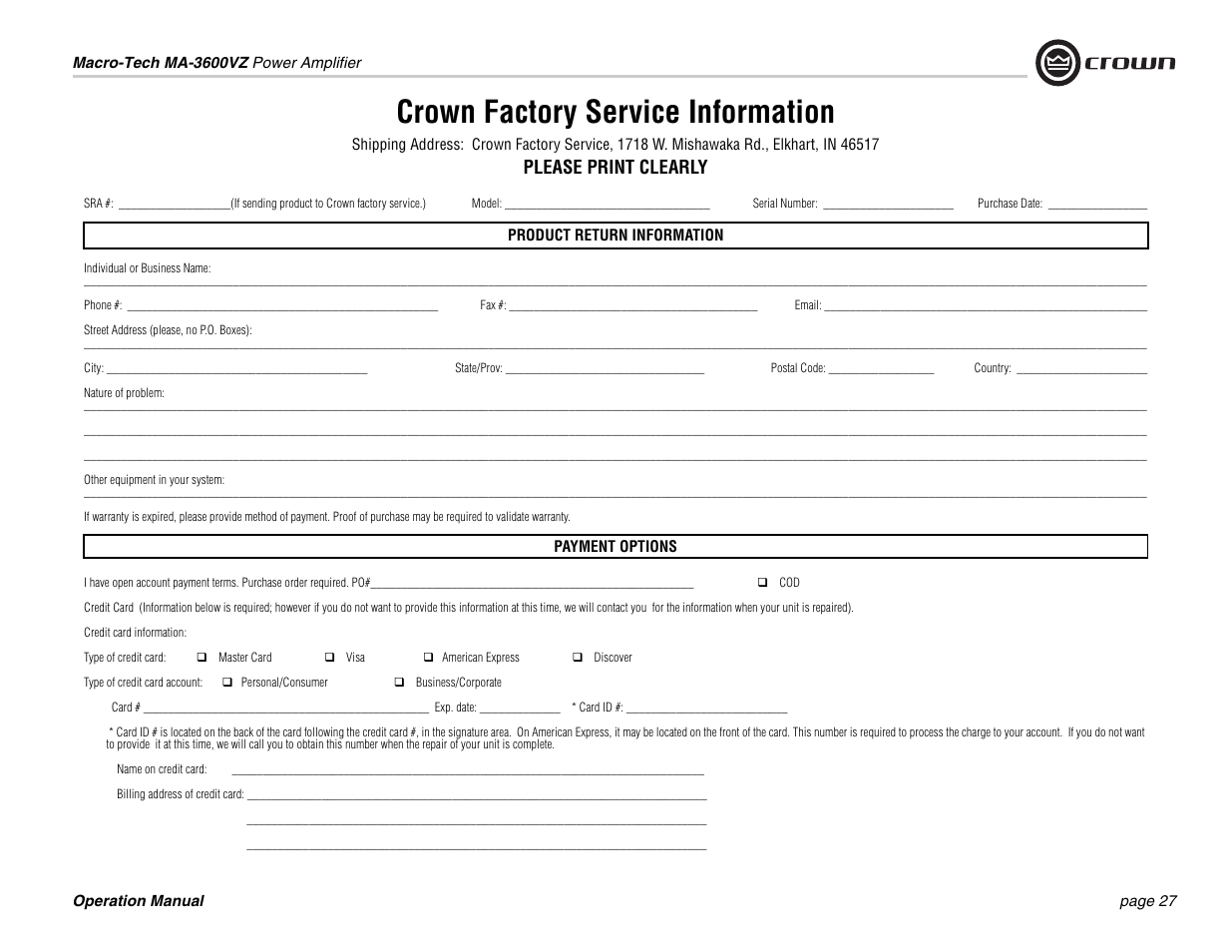 Crown factory service information, Please print clearly | Crown Audio Macro-Tech MA3600VZ User Manual | Page 27 / 28