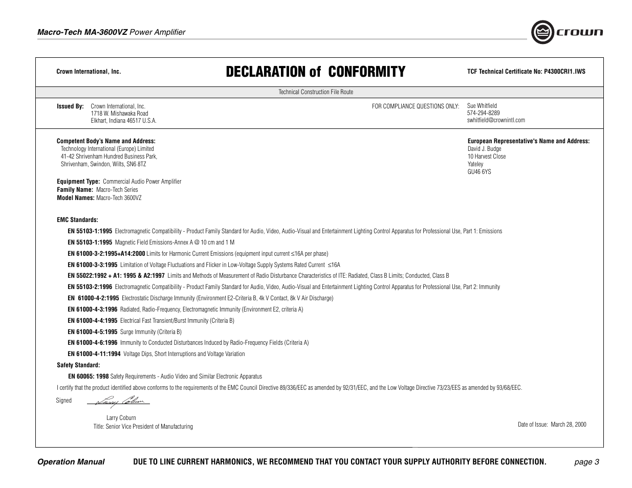 Declaration of conformity | Crown Audio Macro-Tech MA3600VZ User Manual | Page 3 / 28